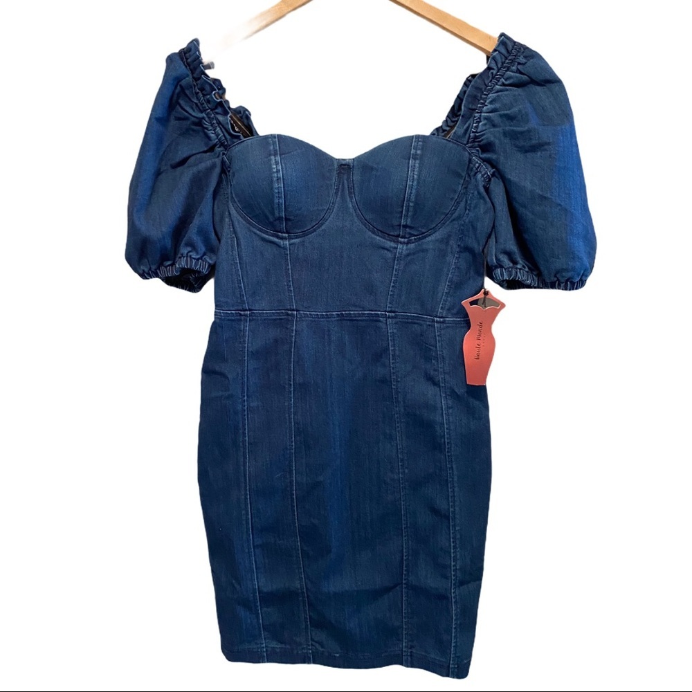 Haute Monde Denim Bustier Sweetheart Neckline Short Sleeve Mini Dress Small